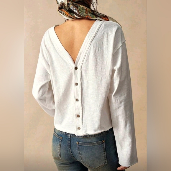 New Reversible Cotton V Neck Button Down Knit Tee Shirt Top Long Sleeve White - Picture 8 of 10